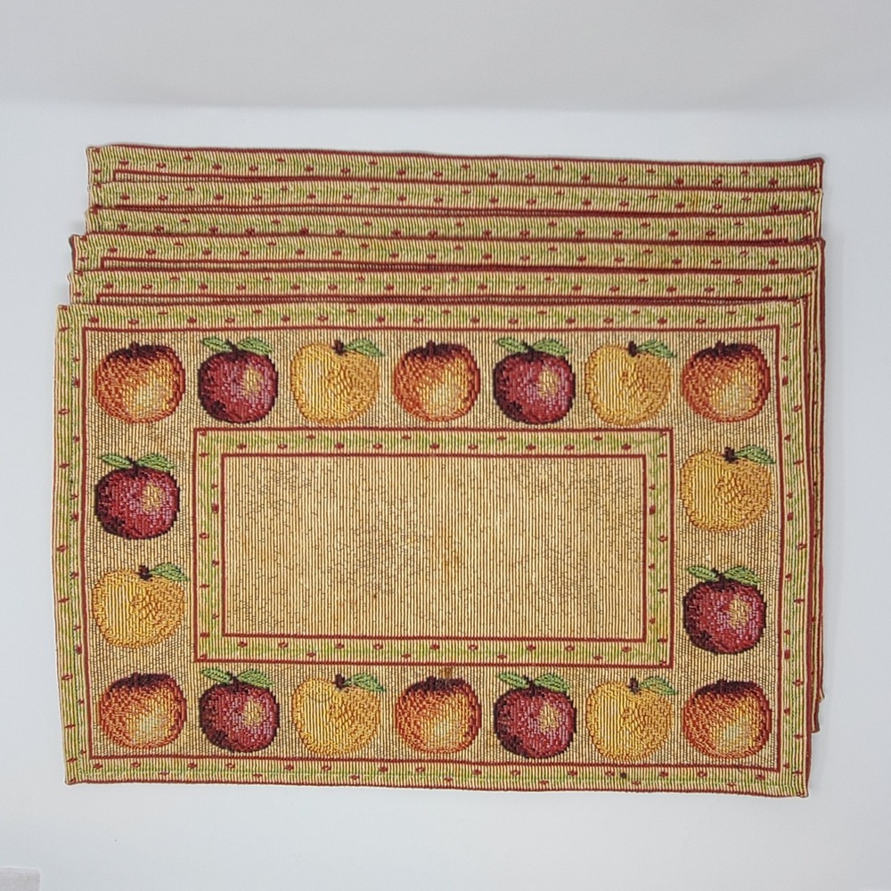 Vintage Apple Tapestry Placemats Set of 6 Red Gold Fruit 1990s Country Cottage